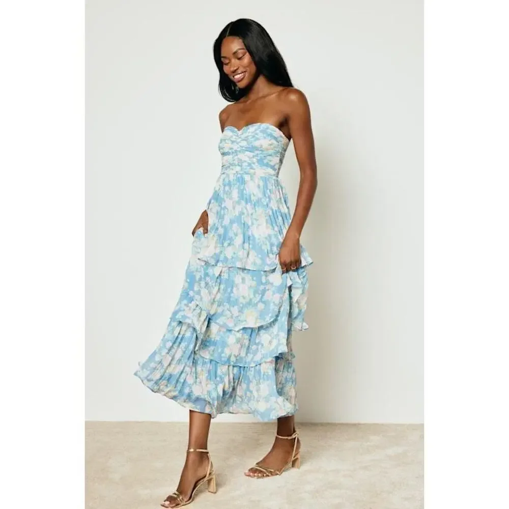 Lulus Seriously Sensational Blue Floral Strapless Tiered Maxi Dress - Size M - Picture 1 of 6